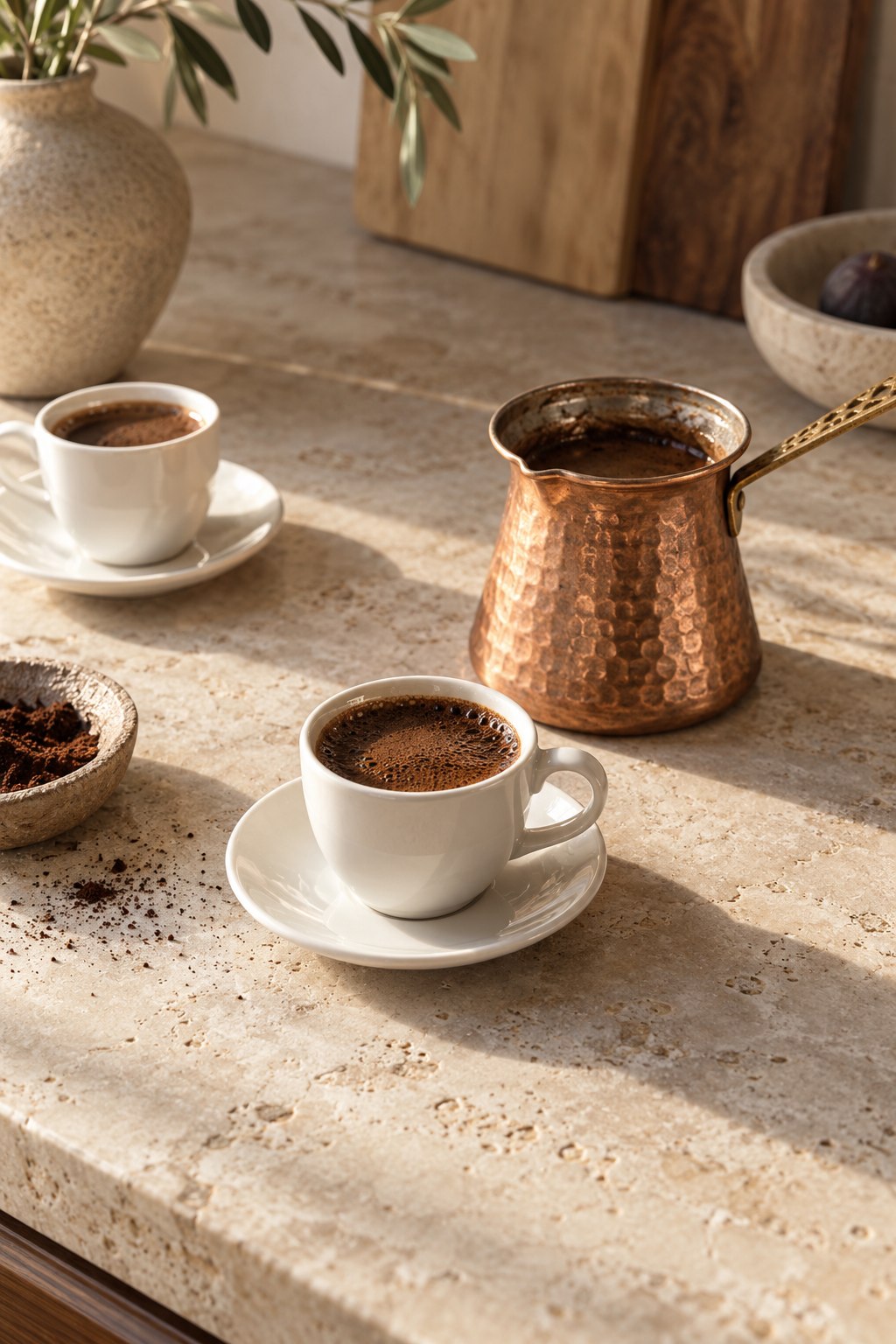 Türkischer Mokka in einer weißen Tasse neben einem kupfernen Kännchen auf einer hellen Küchenarbeitsplatte